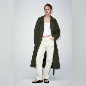 Zara Olive Green Double-Breasted Trench Coat